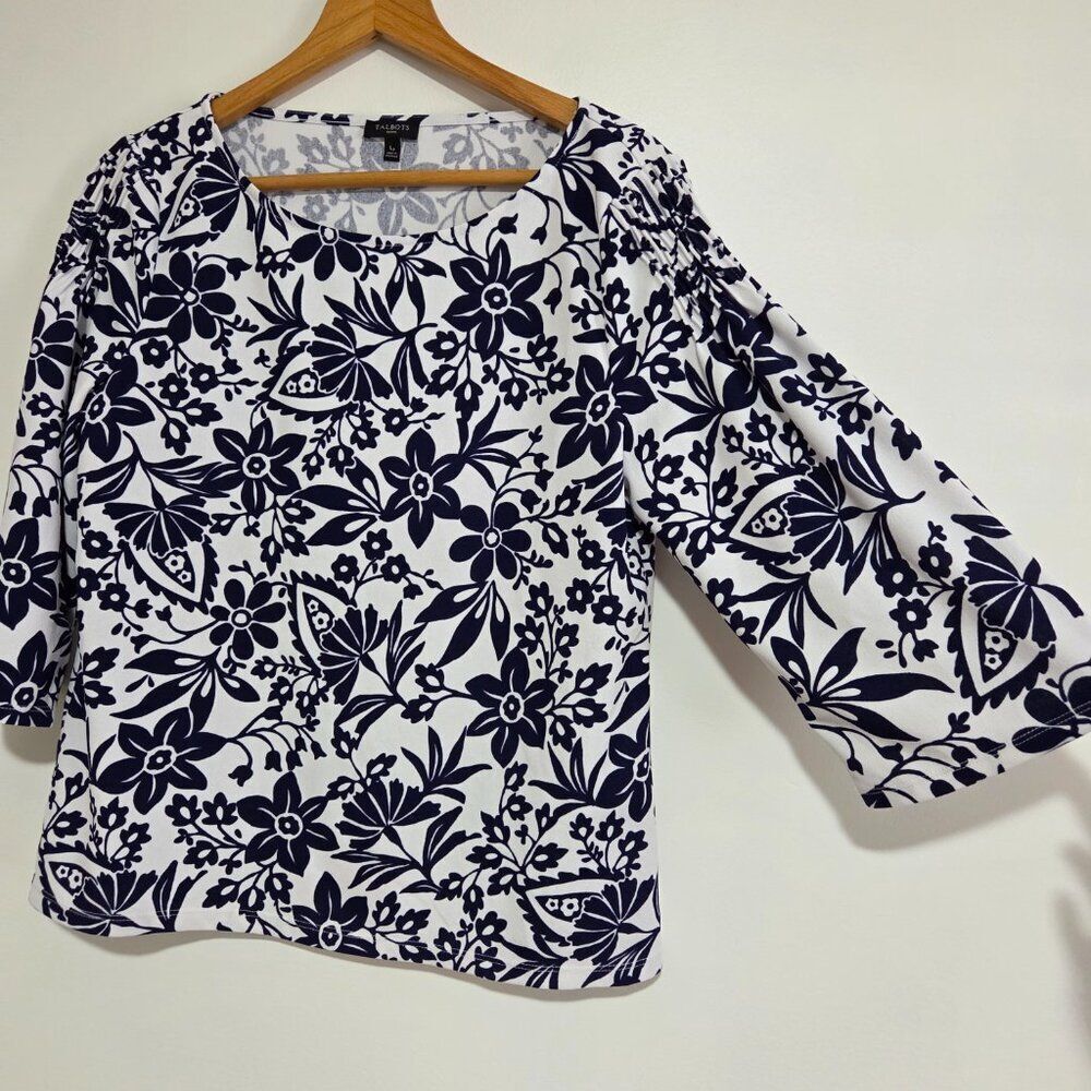 Talbots White Blouse with Navy Floral Print